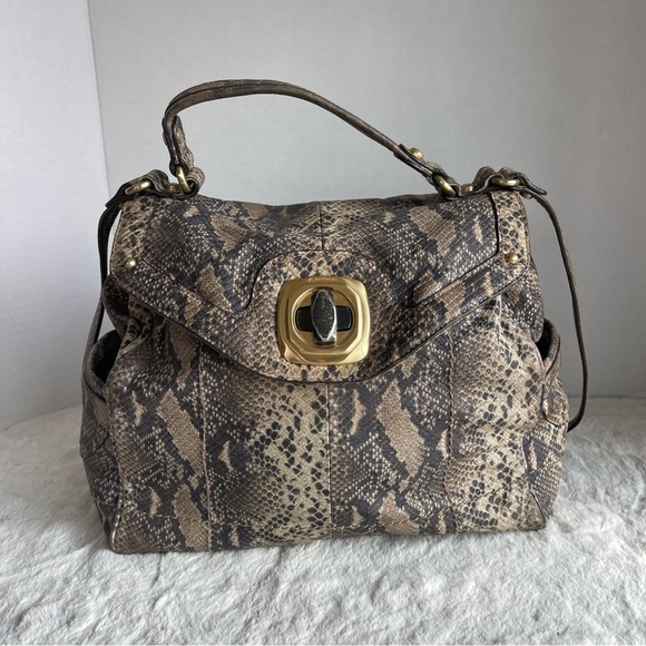 B Makowsky Satchel Shoulder Crossbody Handbag Leather Gray Beige gold Snake Y2K - Picture 1 of 16